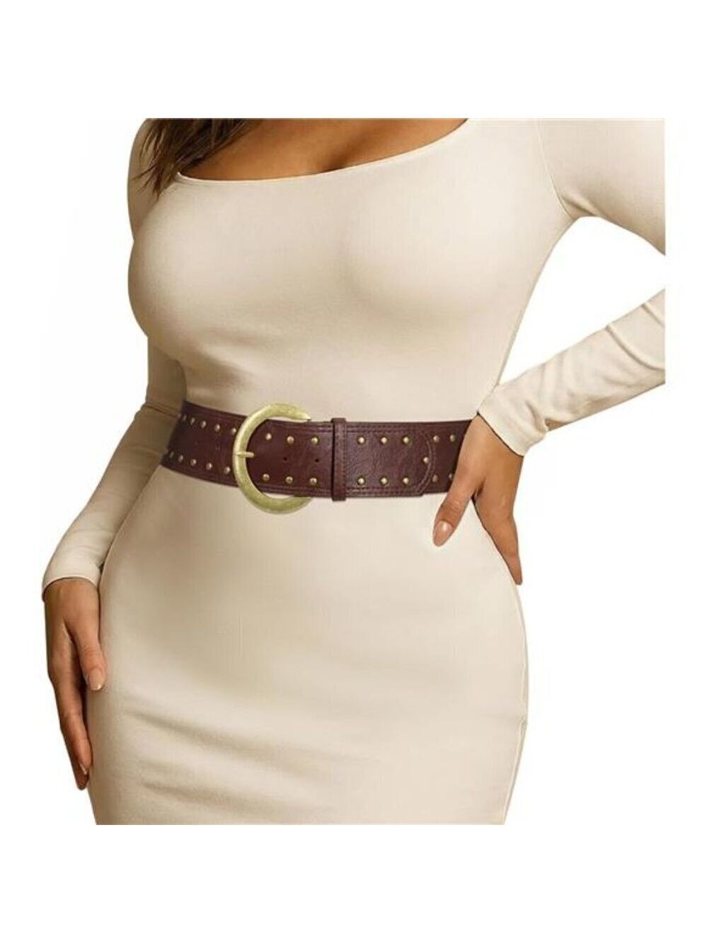 Wide Chunky Studded Brown Leather Vintage Style Waist Belt with Brass Buckle